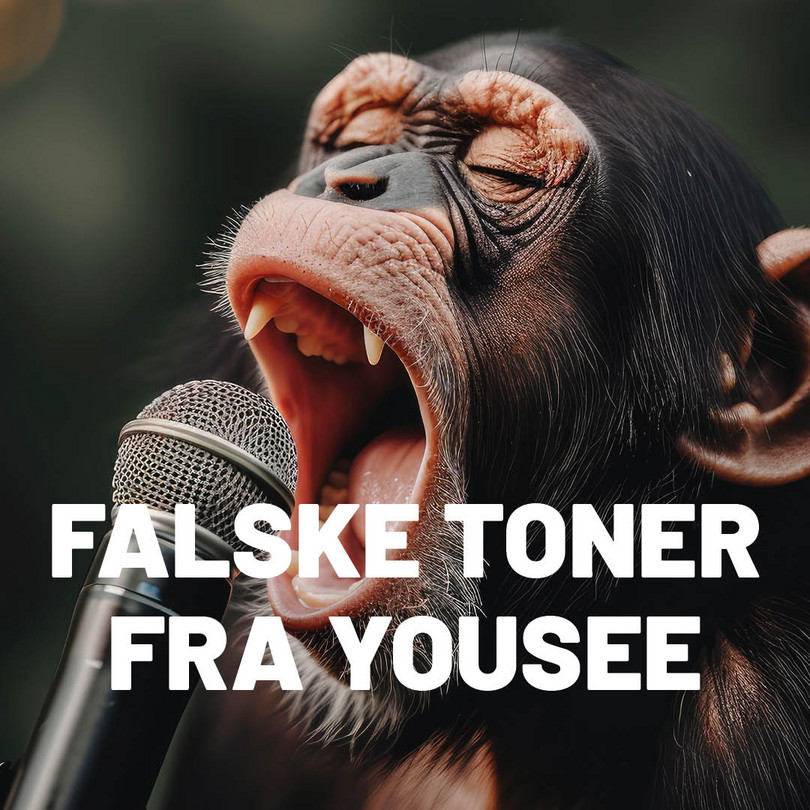 En ai genereret abe med en mikrofon med teksten falske toner fra yousee